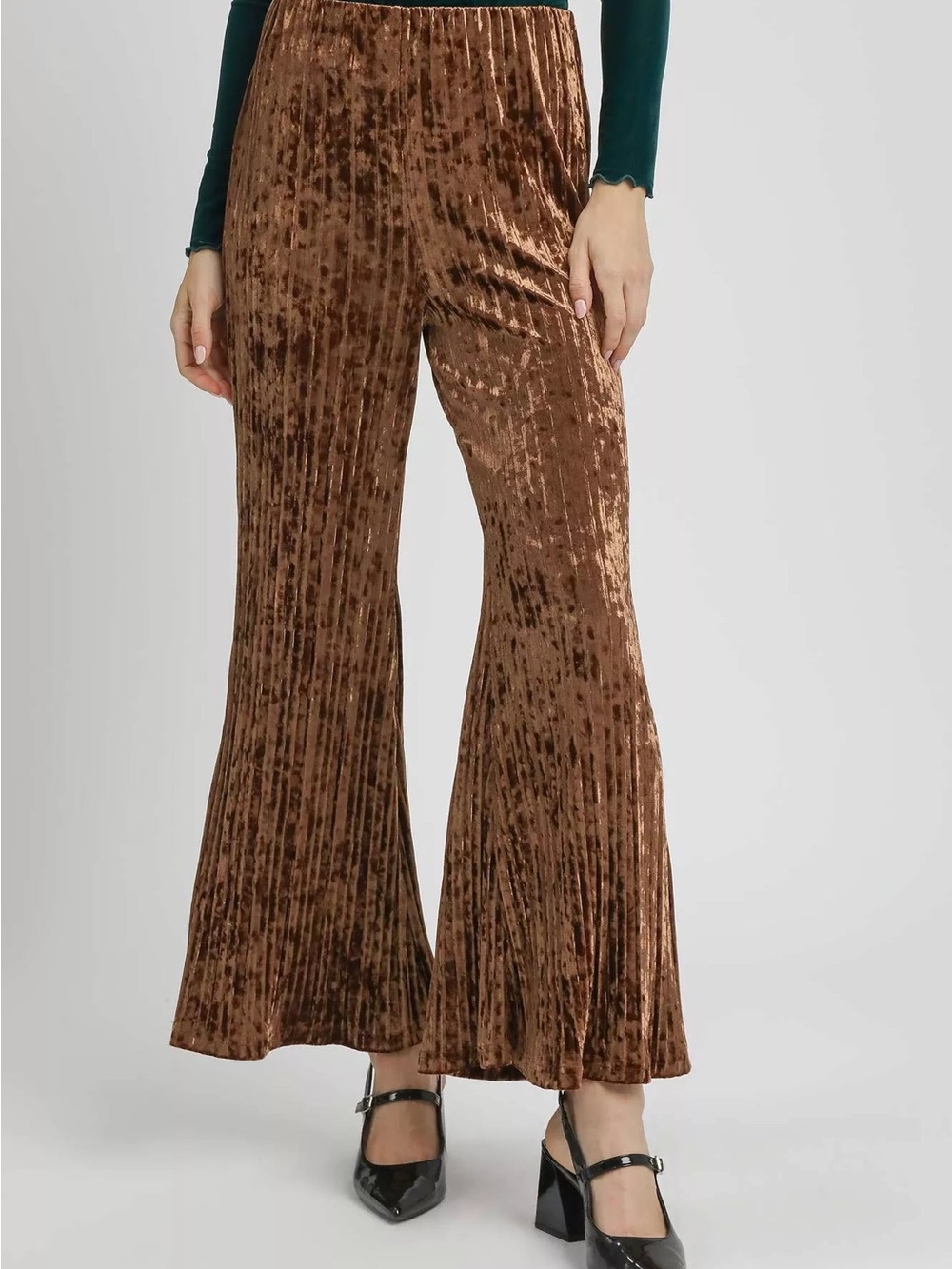 Umgee Brown Crushed Velvet Flare Pants size S Small NWT